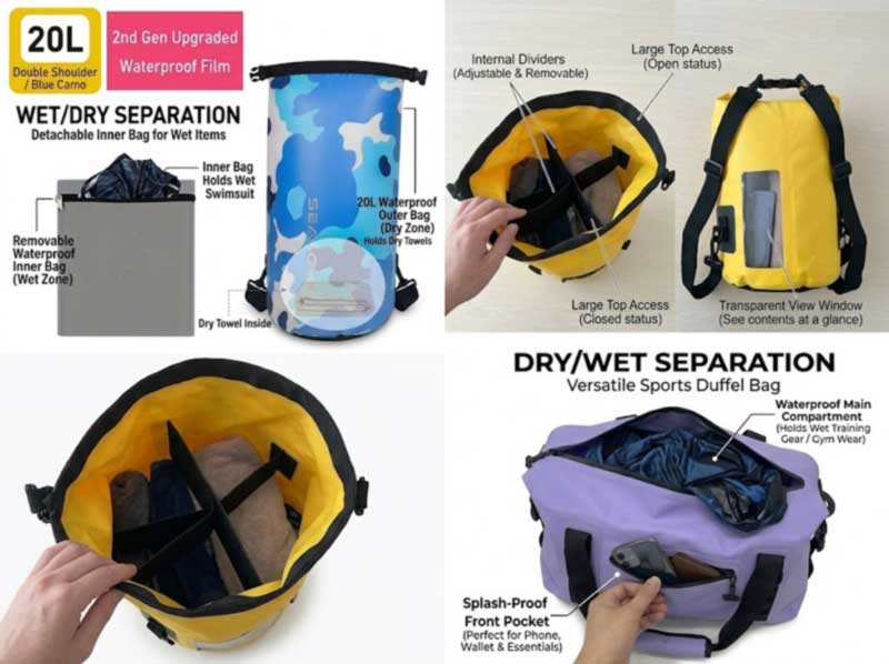 Sacs de séparation humide-sec OEM : sacs de natation, de sport et de plage qui séparent le kit humide