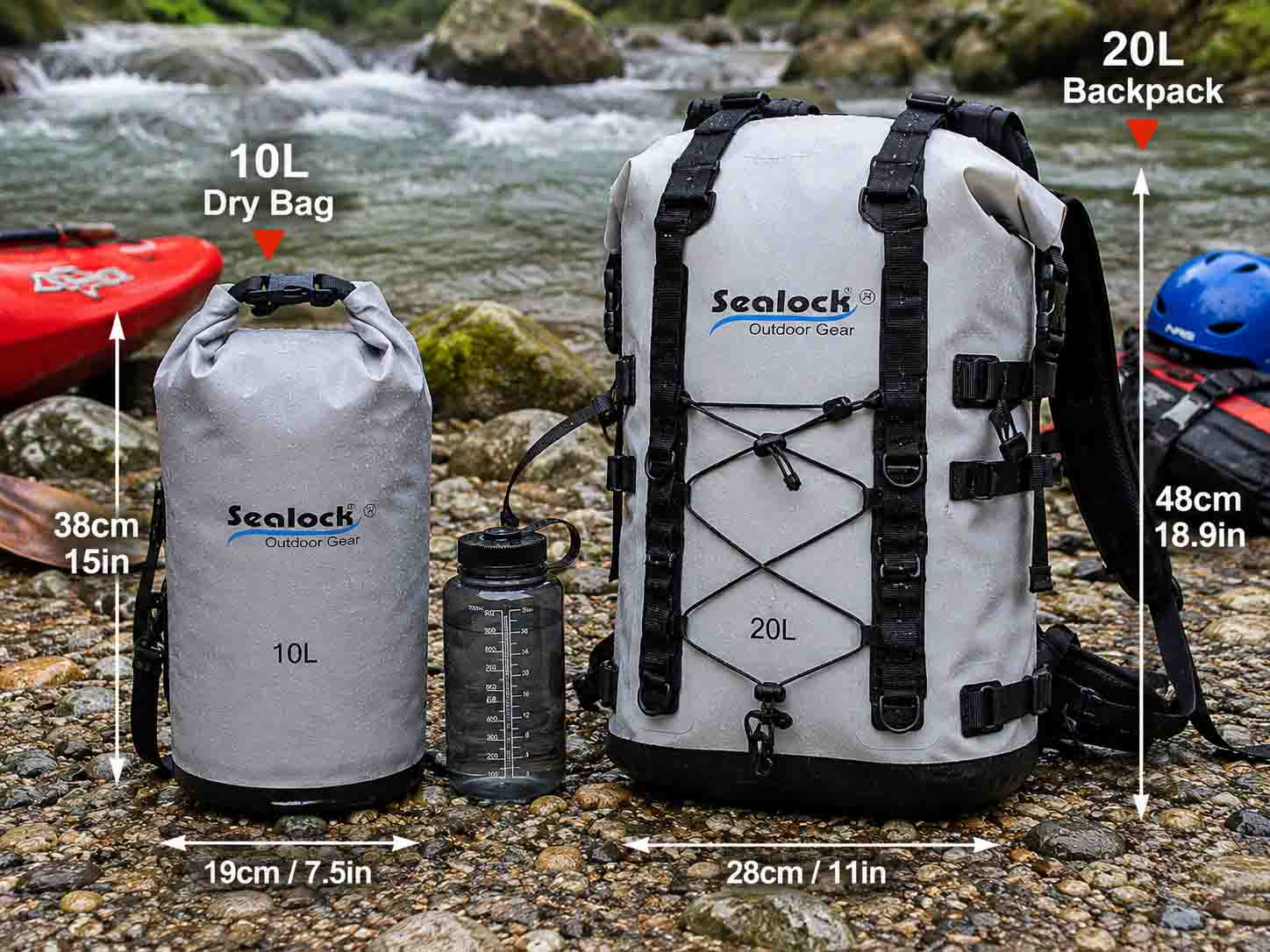 Real gear review photo comparing a packed 10L dry bag next to a loaded 20L TPU waterproof backpack on a gravel river bank, showing real gear footprints